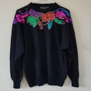 VTG 80s Beaded Sequin Maximalist Glam Statement Floral Artsy Black Sweater Small